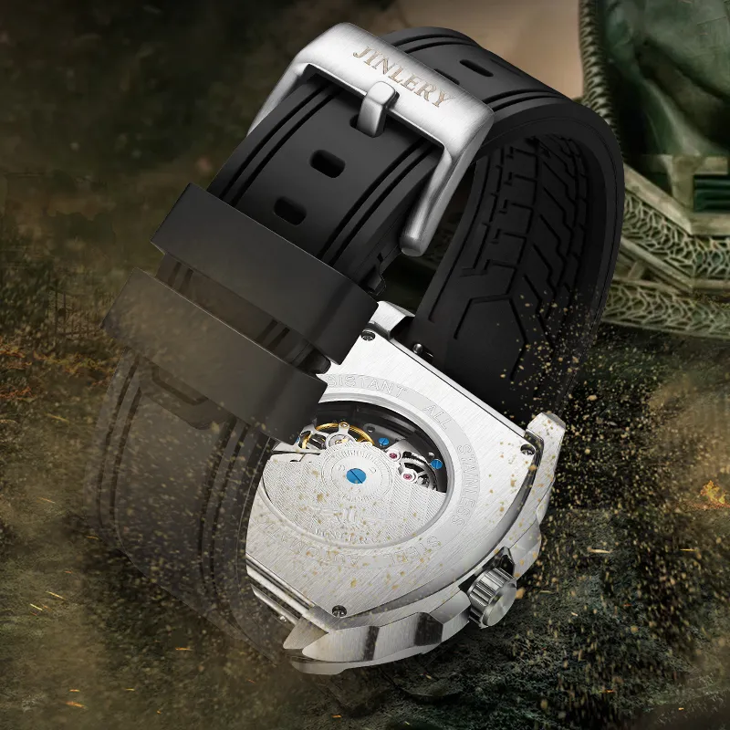JINLERY Apocalypse Collection Automatic Mechanical Movement Rubber Strap Watch Men's Watches Cut-Out Dial-6