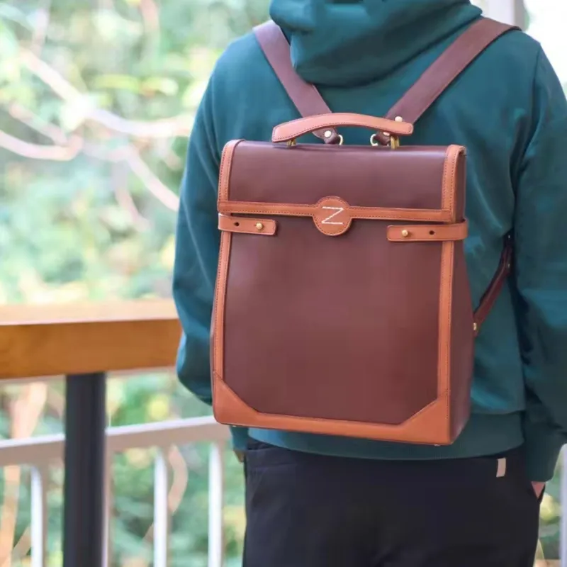 NOMK Cow Leather Genuine Top Grain Vegetable Tanned Leather Laptop Backpack Regular Unisex Morandi Gray/Dark Brown-1