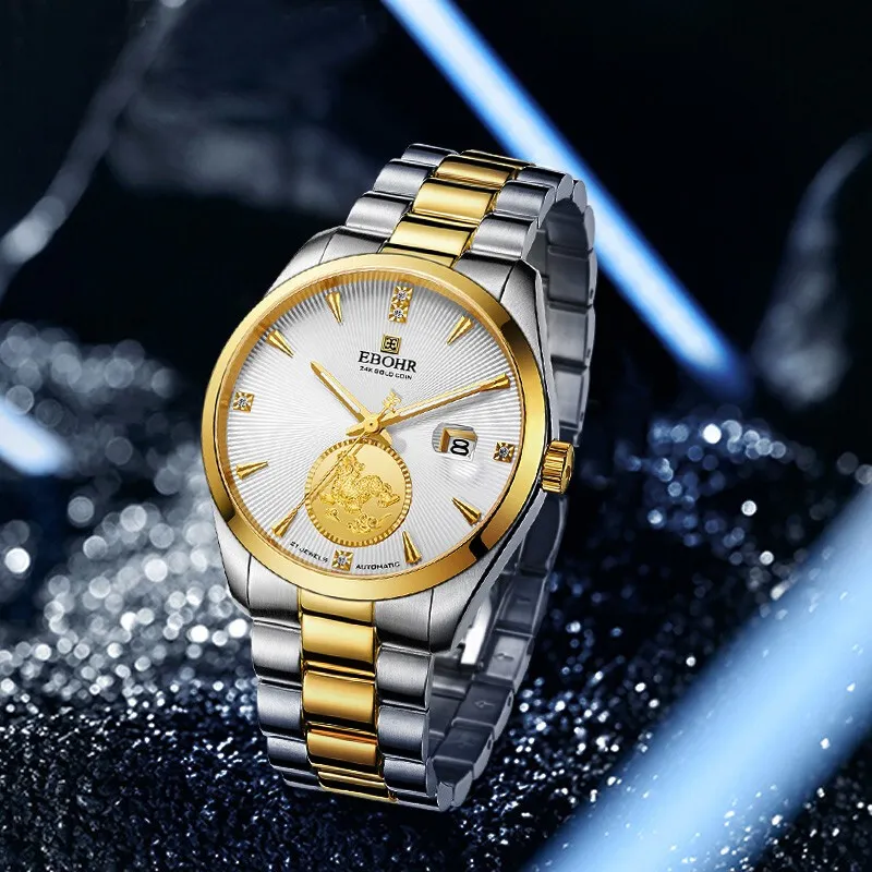 EBOHR Mechanical Movement Stainless Steel Strap Watch Unisex Gold Dial 21334118-2