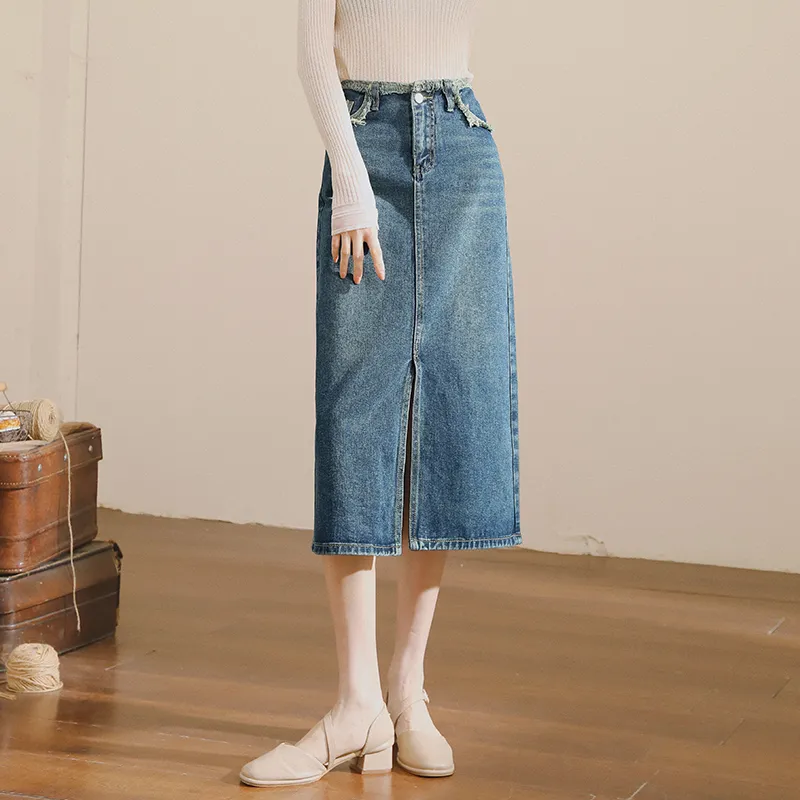 MITUAN Denim Long Skirts Women's Blue-3