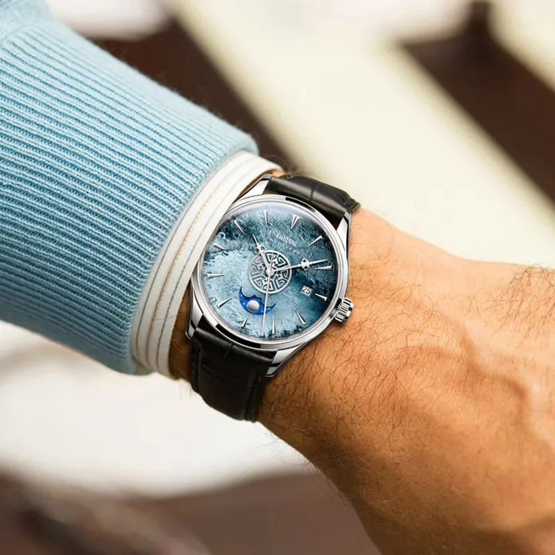 LOBINNI L Automatic Mechanical Movement Genuine Leather Strap Watch Men's Watches Blue Dial-3