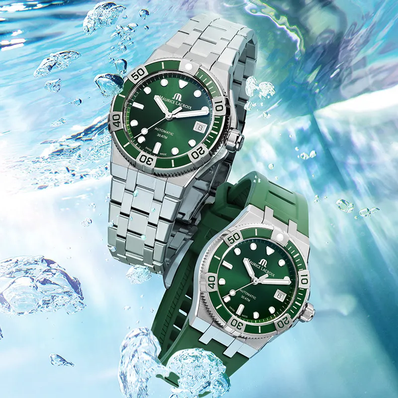 MAURICE LACROIX Automatic Mechanical Movement Men's Watches Watch 38 Green Dial Stainless Steel Case Rubber Strap-5