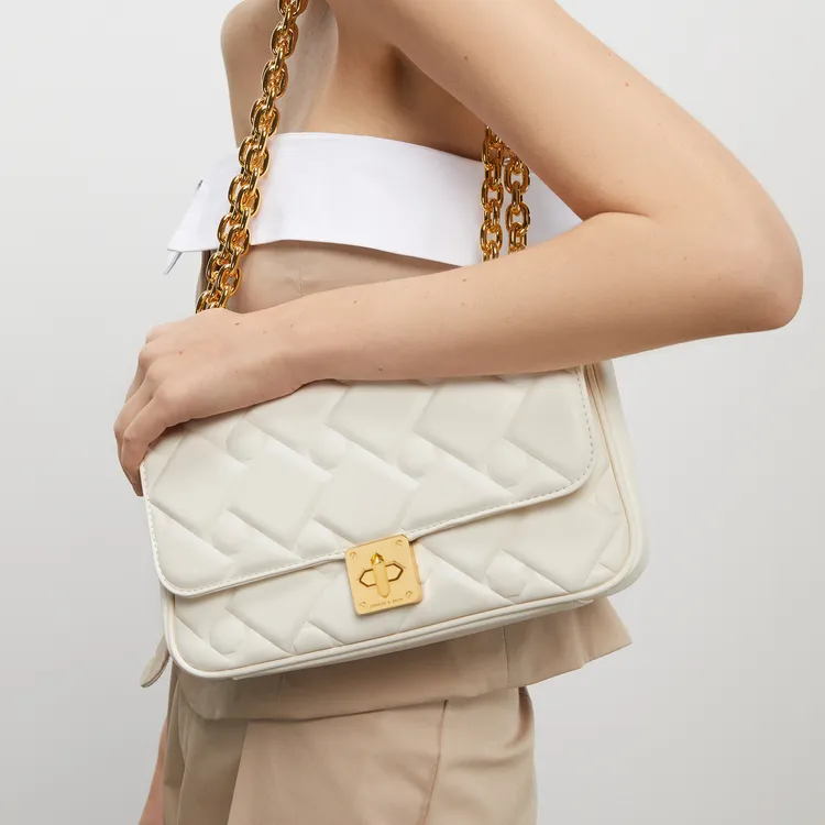 CHARLES&KEITH Fabric Small Square Bag Shoulder Bag Medium Size Women's Cream Milk White/Navy Blue/Green-7