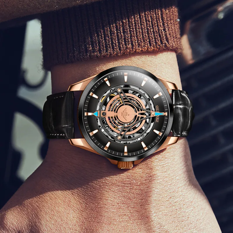 Oupinke Sky Eye Collection Mechanical Movement Leather Watch Bands Watch Men's Watches Black Dial-6