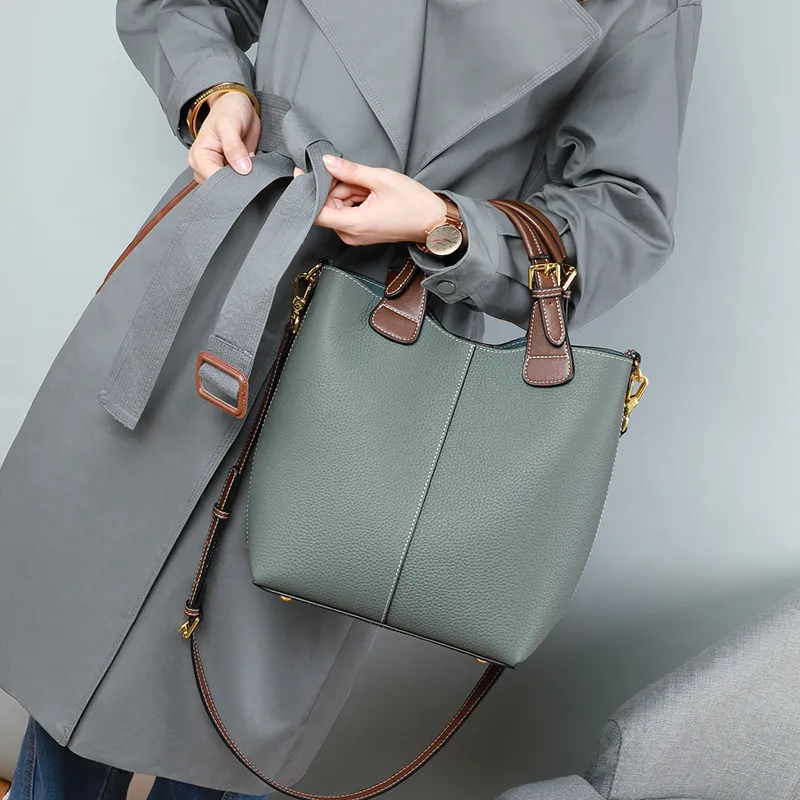 VINEY Cow Leather Handbag Shoulder Bag Crossbody Bag Bucket Bag Large Size Women's Multicolor-2