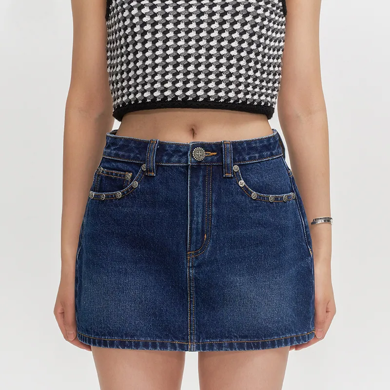 SMFK Denim Short Skirts Women's Deep Sea Blue-3