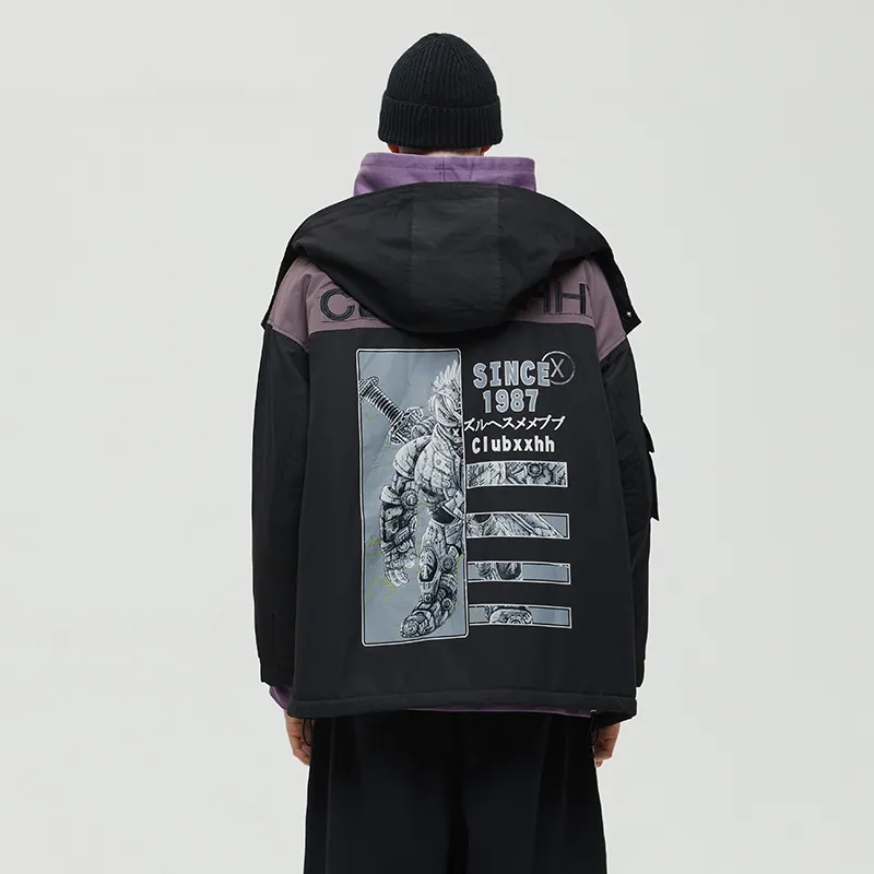Clubxxhh Cartoon Hand-Drawn Hooded Loose Fit Thickened Puffer Jacket Unisex Black-5