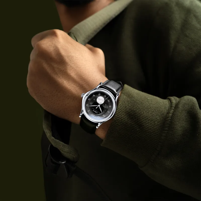 LOBINNI L Mechanical Movement Genuine Leather Strap Watch Men's Watches Black Dial-2