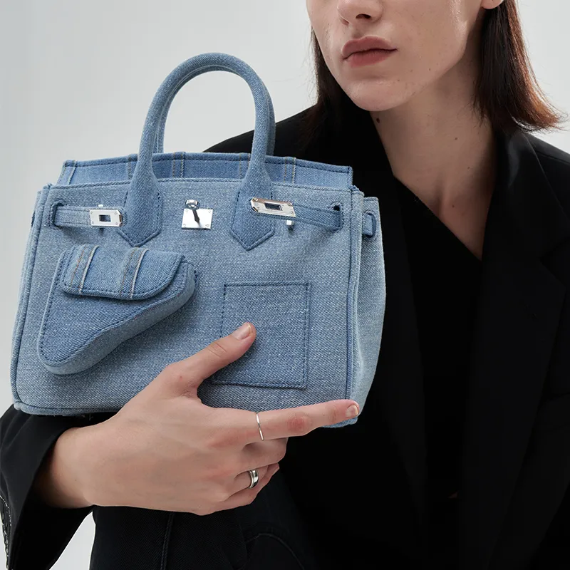 Margin Goods Cotton Handbag Women's Blue-5