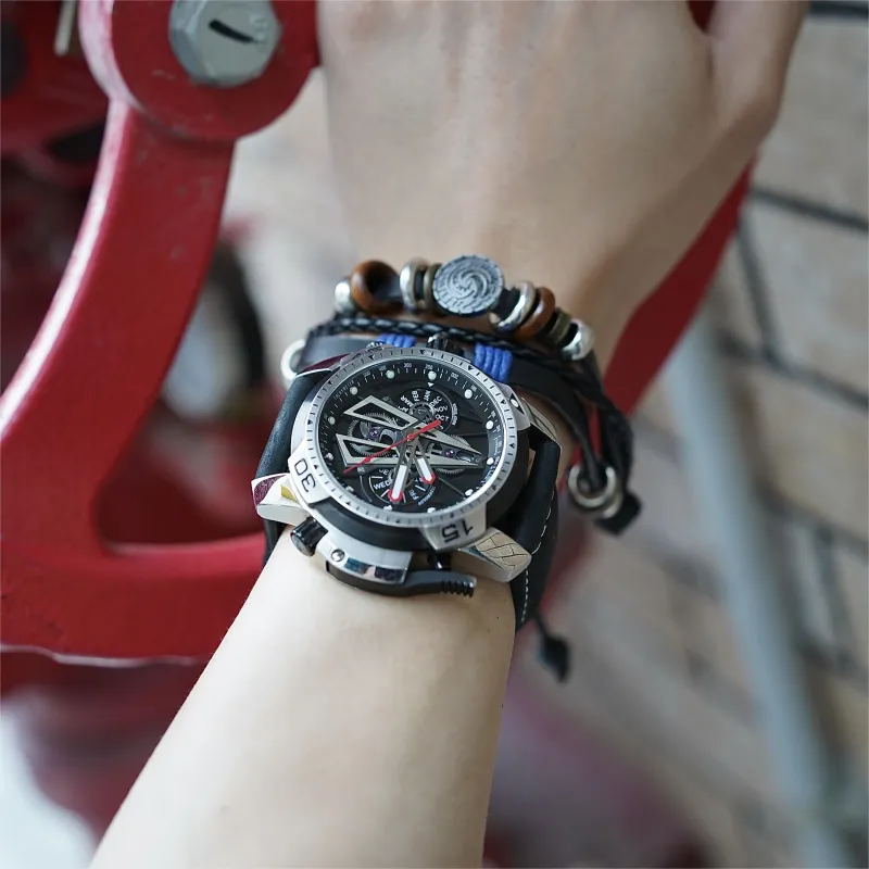 REEF TIGER Aurora Mechanical Movement Genuine Leather Strap Watch Men's Watches Black Dial-5