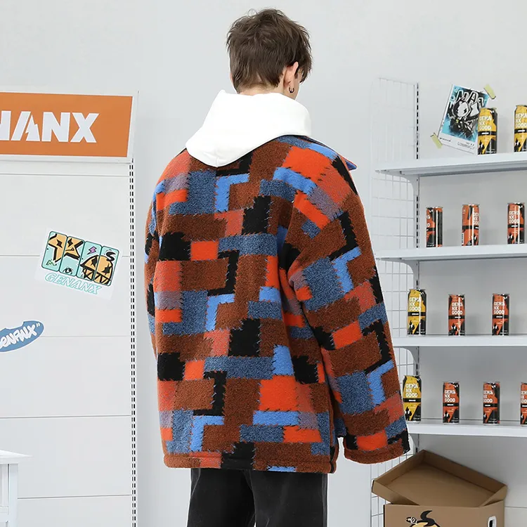 GENANX Checkerboard Lapel Loose Fit Puffer Jacket Unisex-5