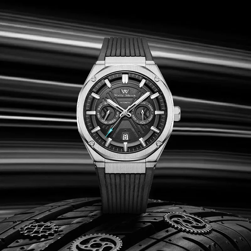 Welly Merck Automatic Mechanical Movement Men's Watches Wrist Watches 41mm 43mm Black Dial Rubber Strap WM034M1-2