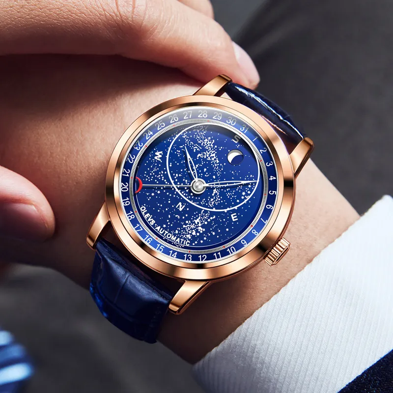 OLEVS Wisdom Series Automatic Mechanical Movement PU Strap Watch Men's Watches Blue Dial-6