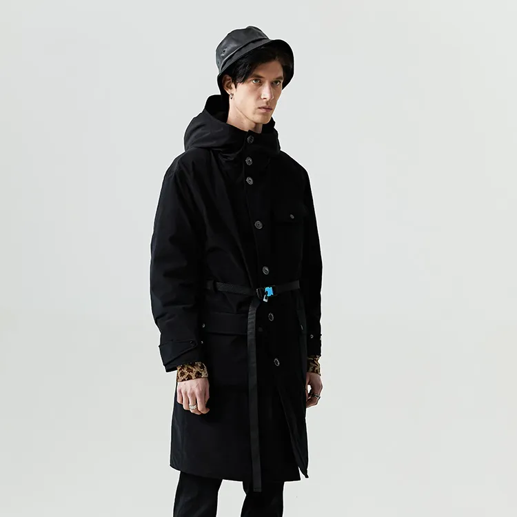 DAVID NAMAN Solid Color Hooded Mid Length Down Jacket Men's Black-3