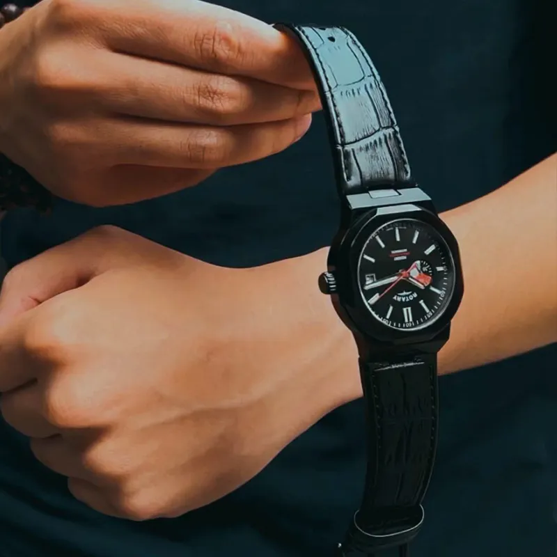ROTARY Wrist Watch Automatic Mechanical Movement Genuine Leather Strap Black Dial Men's Watches-20
