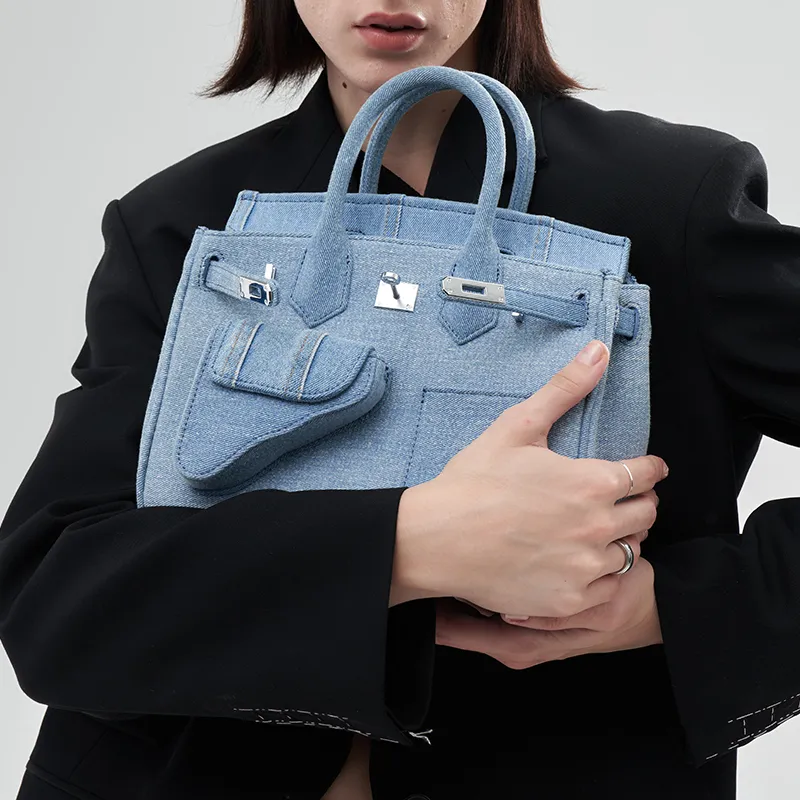 Margin Goods Cotton Handbag Women's Blue-3