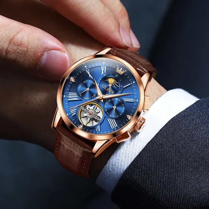 OLEVS Wisdom Series Mechanical Movement Leather Strap Watch Men's Watches Black Dial-16