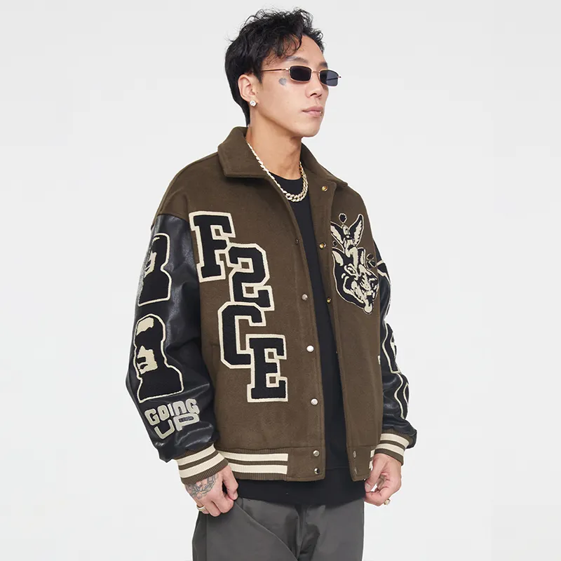 FIRE 2 COLD EGO FW22 Thickened Baseball Jacket Spring And Autumn Unisex Dark Brown-3