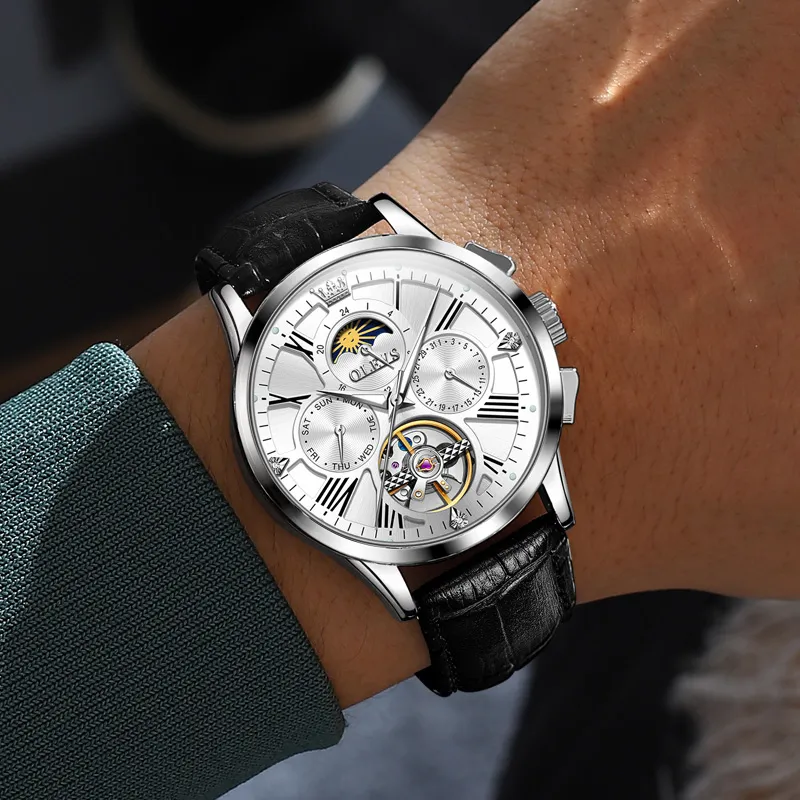 OLEVS Wisdom Series Mechanical Movement Leather Strap Watch Men's Watches Black Dial-5