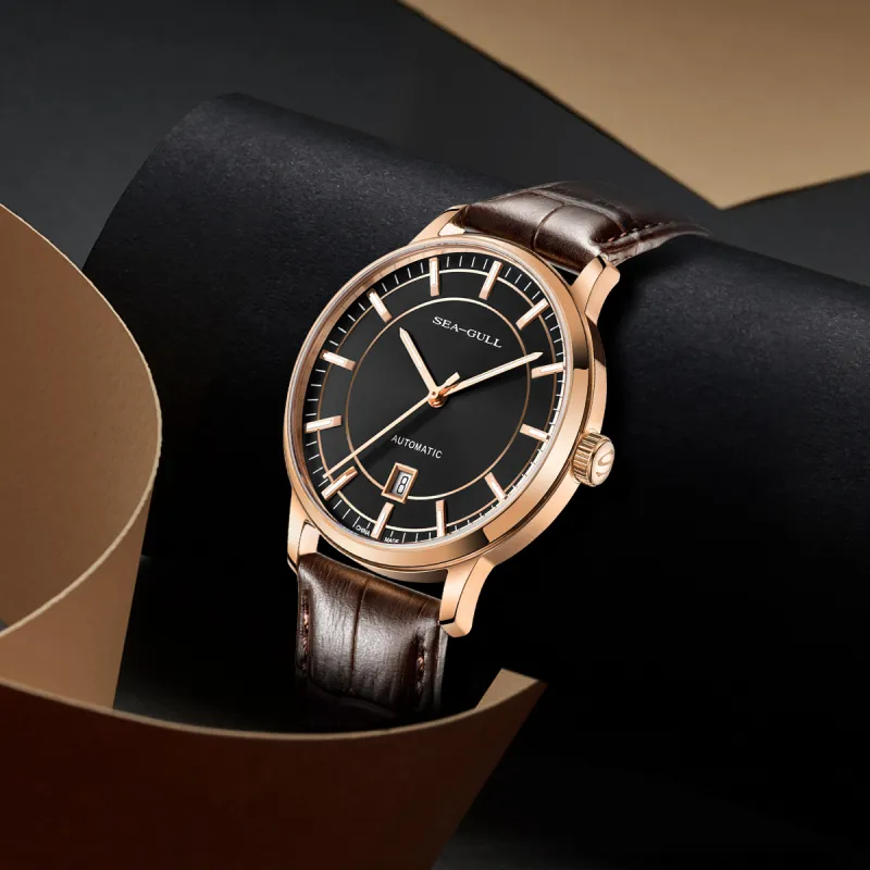 Sea Gull Business Formal Collection Automatic Mechanical Movement Genuine Leather Strap Watch Men's Watches Black Dial-5
