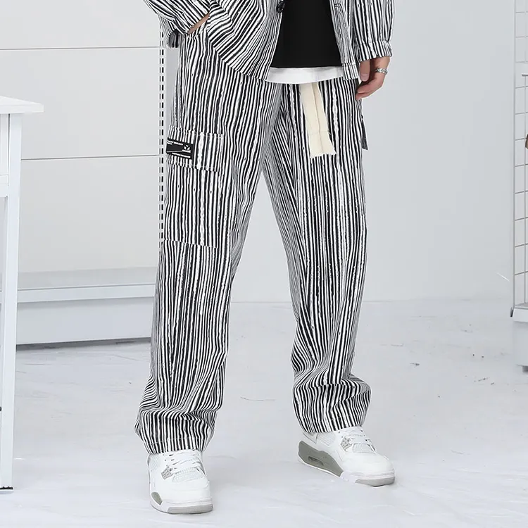 GENANX Casual Pants Unisex Black White Stripes-4