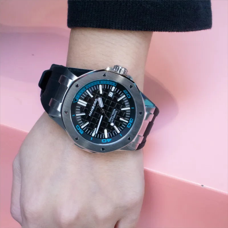 HANBORO Diving Collection Automatic Mechanical Movement Silicone Strap Watch Men's Watches White Dial-4