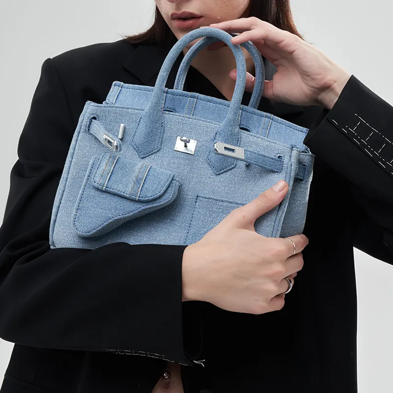 Margin Goods Cotton Handbag Women's Blue-4