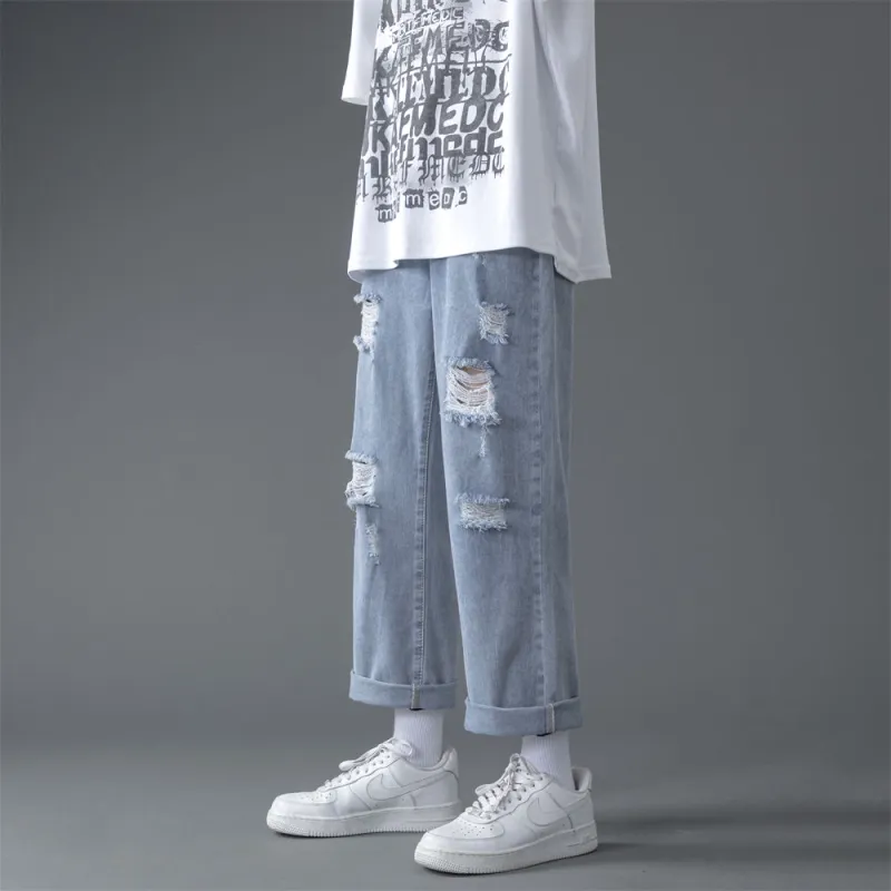FAIRWHALE Summer Jeans Unisex Ripped Denim Blue-2
