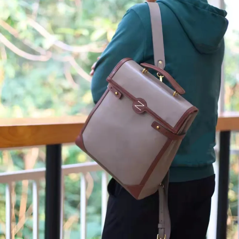 NOMK Cow Leather Genuine Top Grain Vegetable Tanned Leather Laptop Backpack Regular Unisex Morandi Gray/Dark Brown-4