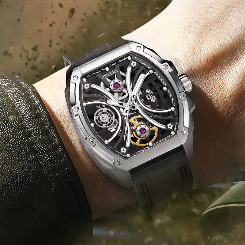 JINLERY Apocalypse Collection Automatic Mechanical Movement Rubber Strap Watch Men's Watches Cut-Out Dial-4