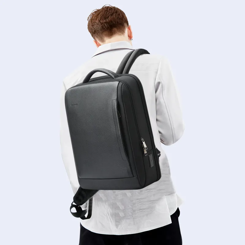 BOPAI Top Grain Cow Leather Backpack Medium Size Men's Black-4