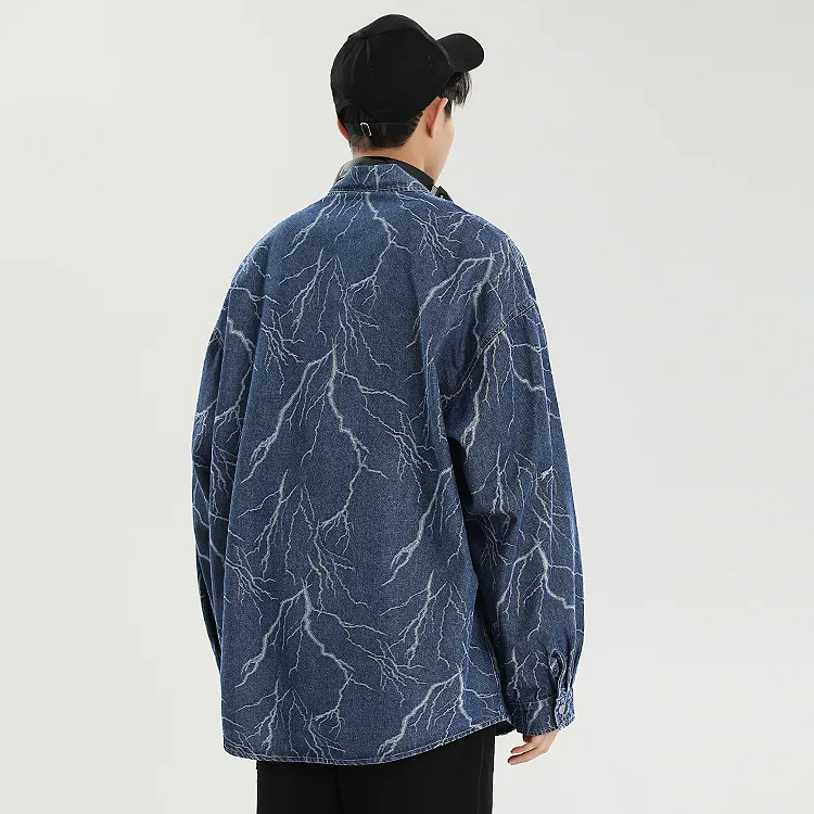 OLRIK All Over Print Heavy Washed Denim Shirt Spring And Autumn Unisex Blue-4