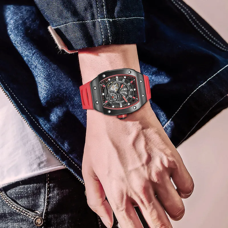 BOUX Future Series Spacetime Vehicle Automatic Mechanical Movement Silicone Strap Watch Men's Watches Cut Out Dial-2