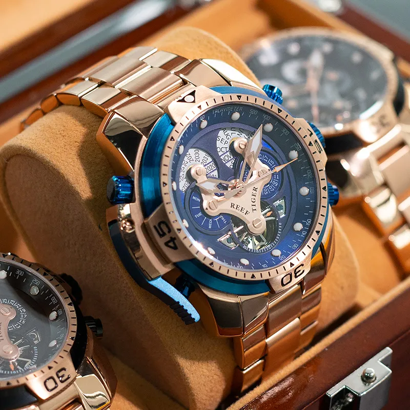 REEF TIGER Mechanical Movement Steel Strap Watch Men's Watches Black Dial-1