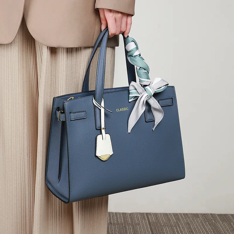 VINEY Cow Leather Handbag, Shoulder Bag, Crossbody Bag, Mom Bag Tubas Women's Gray Blue-2