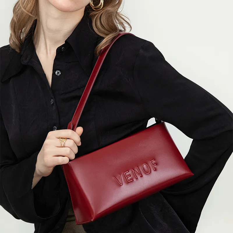 VENOF Cow Leather Shoulder Bag, Small Square Bag, Handbag, Shoulder Bag Women's Van Dyke Brown Minior Red-13