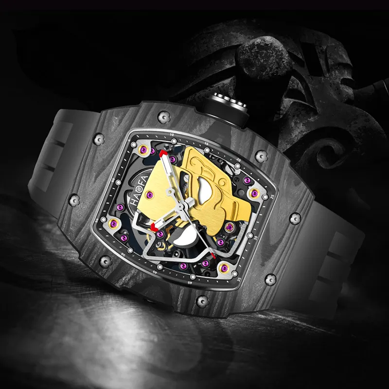 HaofaTourbillon Arknights Series Mechanical Movement Rubber Strap Watch Men's Watches Cut-Out Dial-5