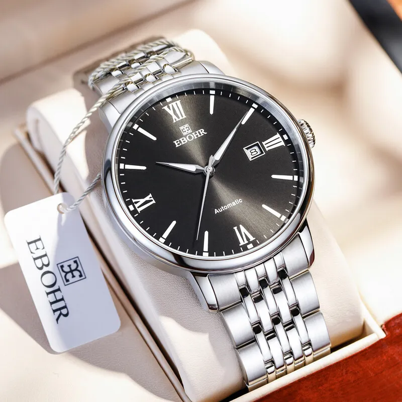 EBOHR Automatic Mechanical Movement Stainless Steel Strap Watch Men's Watches Black Dial 56240115-1