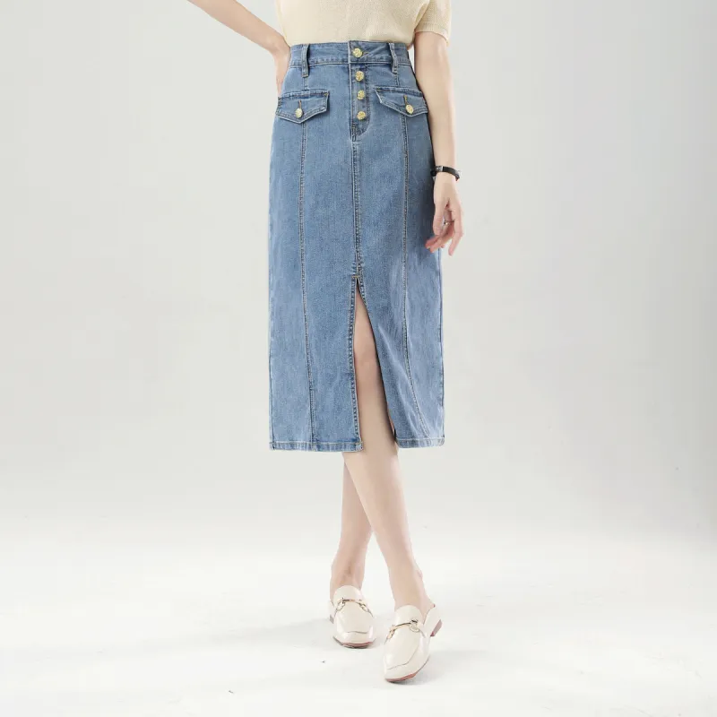 MITUAN Denim Long Skirts Women's Blue-4