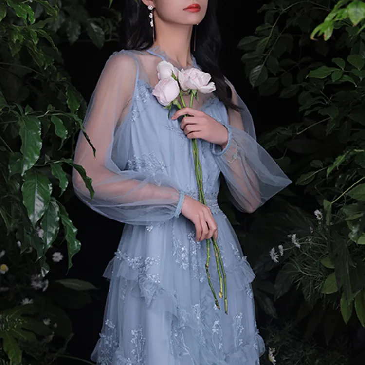 JINYE ORIENTAL A Line Skirt Dress Gray Blue-2