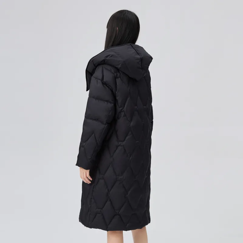 ERAL Solid Color Lapel Loose Fit Long Down Jacket Women's-5