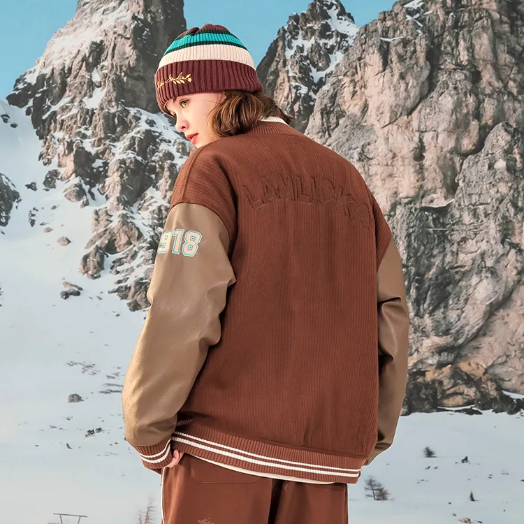 LAMLICKA Solid Color Baseball Collar Loose Fit Puffer Jacket Unisex Brown-6