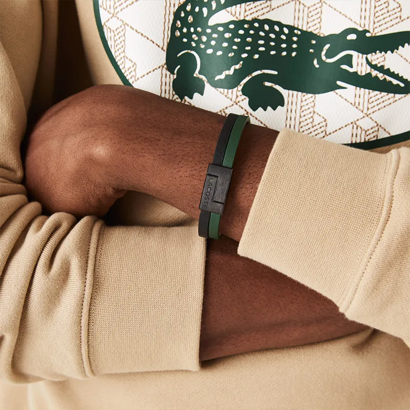 LACOSTE Classic Letter Logo Double Ring Leather Wristbands Men's Green 2040074-1
