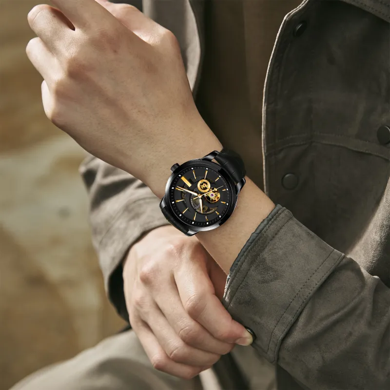 LOBINNI L Automatic Mechanical Movement Genuine Leather Strap Watch Men's Watches Black Dial-4
