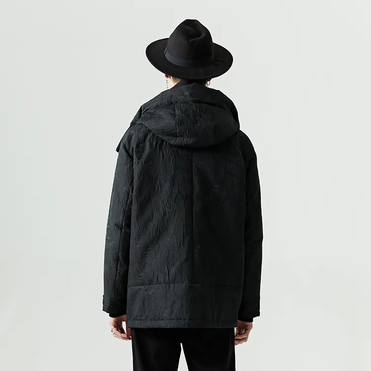 DAVID NAMAN Solid Color Hooded Loose Fit Thickened Mid Length Down Jacket Men's Black-3