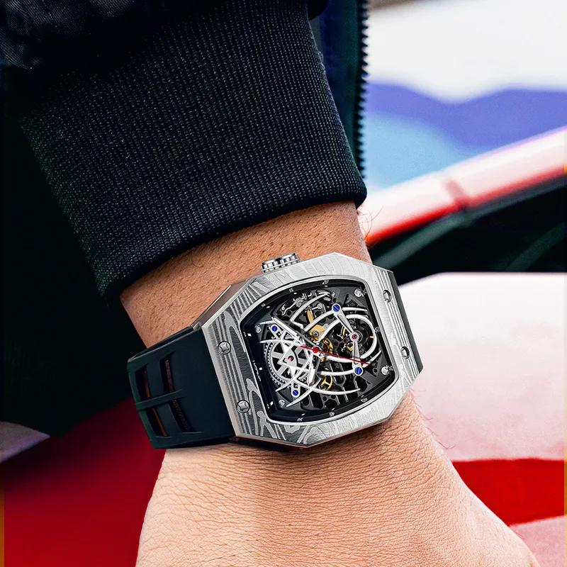 JINLERY Spider Collection Automatic Mechanical Movement Silicone Strap Watch Men's Watches Cut-Out Dial-6