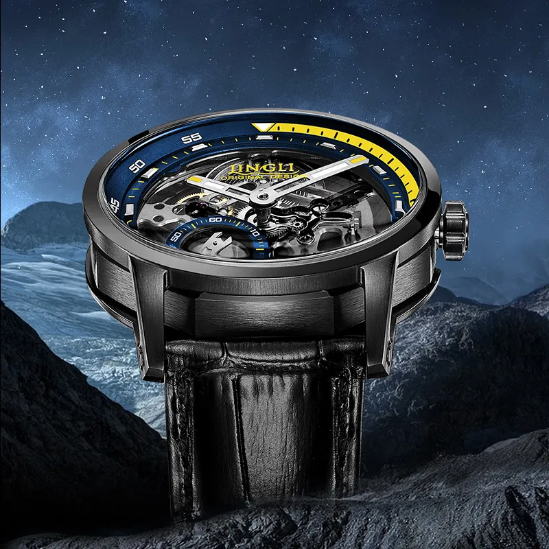JINLERY Machine Automatic Mechanical Movement Genuine Leather Strap Watch Men's Watches Cut-Out Dial J9033-28