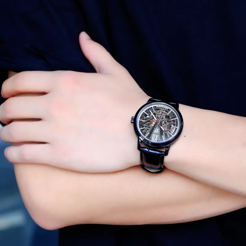 LOBINNI L Mechanical Movement Genuine Leather Strap Watch Men's Watches Cut-Out Dial-2