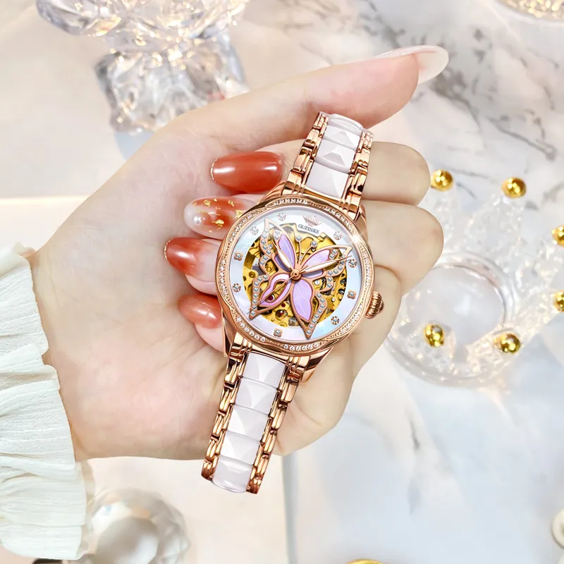 Oupinke AIR-BORN Collection Ceramic Rhinestone-Embellished Mechanical Movement Watch Women's Watch White Dial-3
