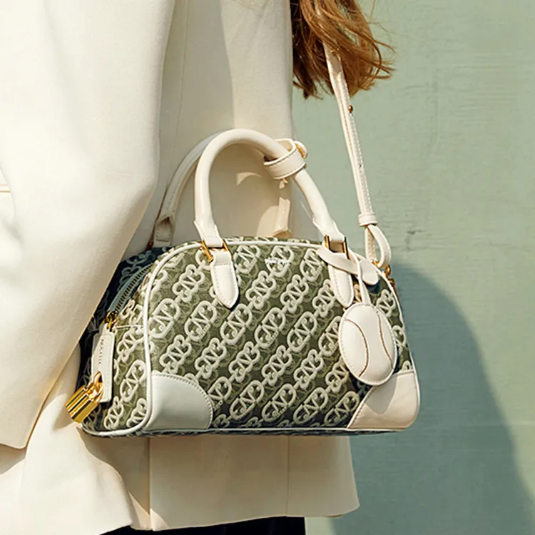 NUCELLE PVC Bowling Ball Handbag One Shoulder Crossbody Tennis Bag Small Size Women's Tale Green/Smoke Mist Gray-3